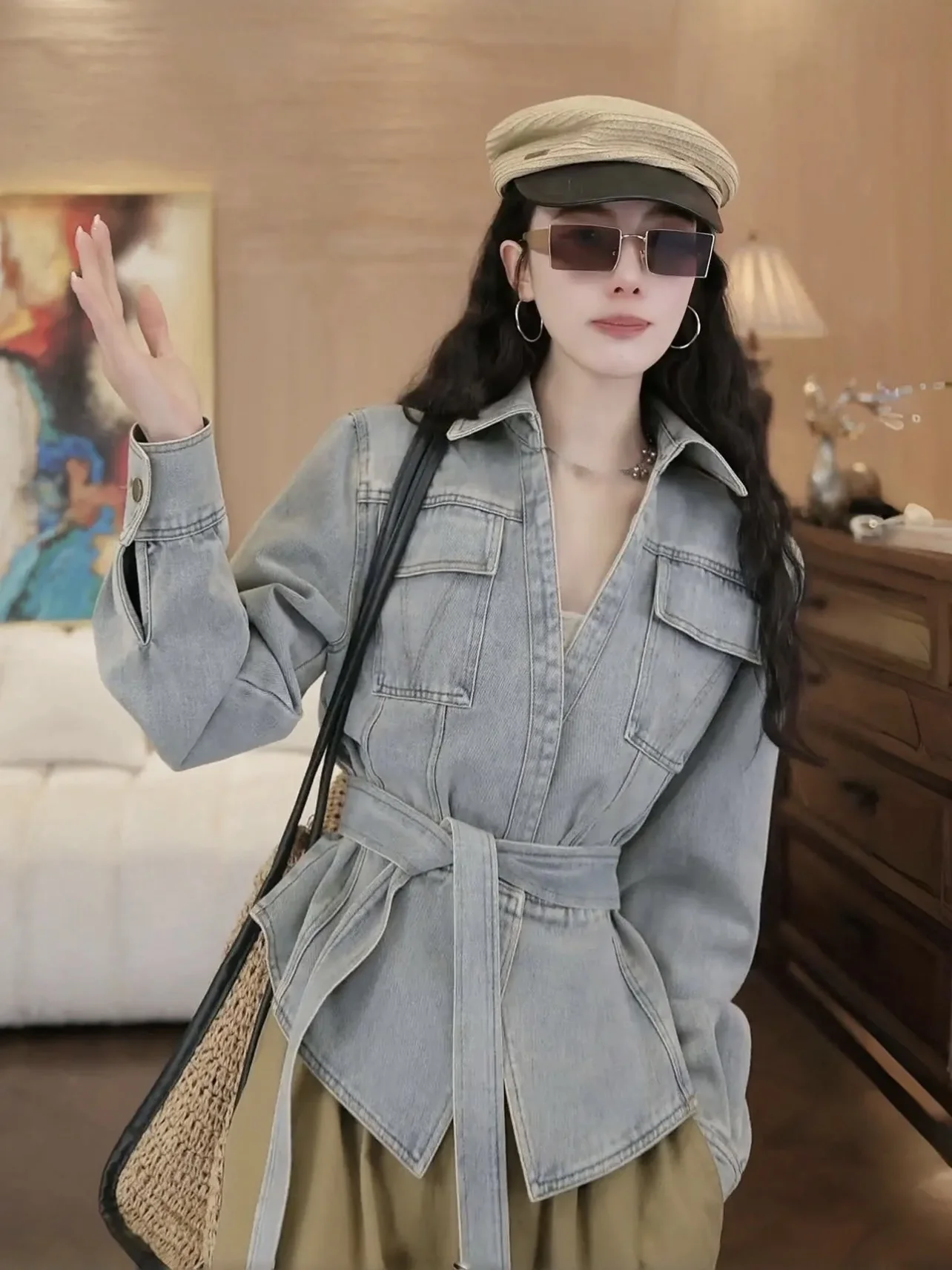 

American Sle Retro Waist-Cinching Denim Jaet Women's Spring Autumn ort Faion Top Small ence Elegance Design