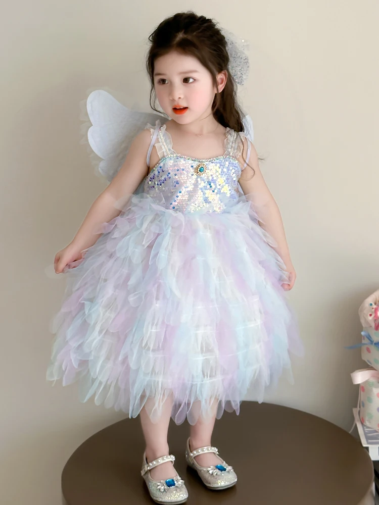 Saia de Princesa para Meninas, Vestido de Verão com Alças de Lantejoulas Arco-Íris, Fantasia Infantil para Apresentações, Sai...