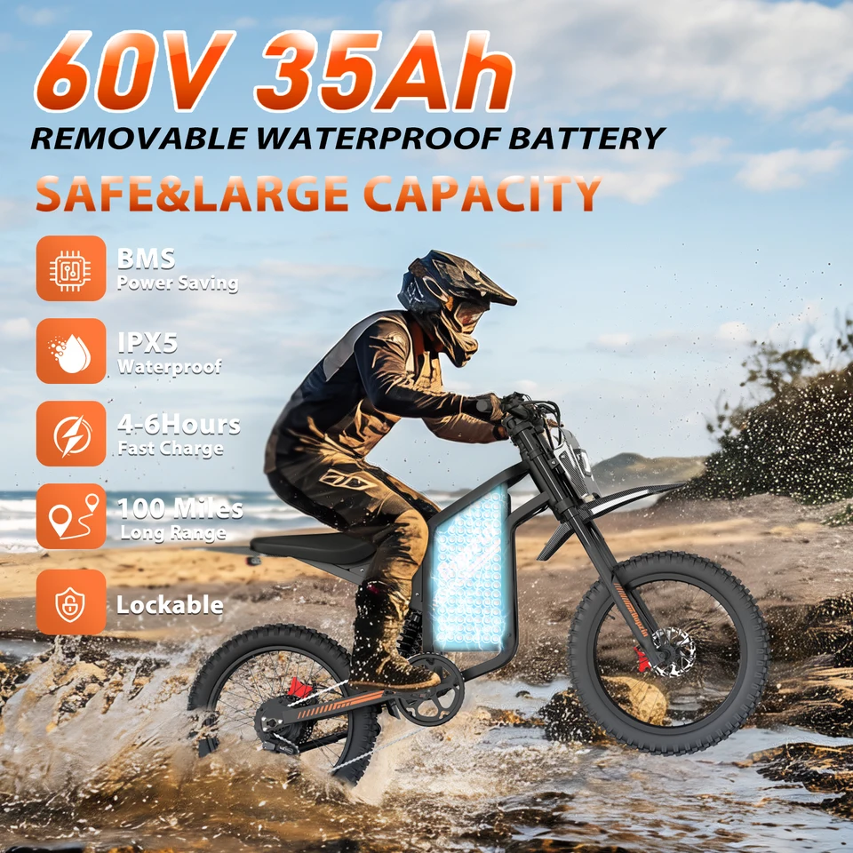 Peak 3000W 60V 35AH Electric Bike for Adults 45 MPH 25x3" Fat Tires Electric-Motorcycle Hydraulic Brakes Full Suspension image 2