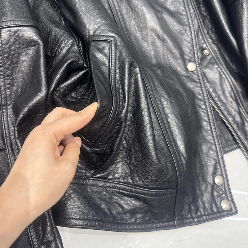 Casual Motorcycle Leather Jacket for Women 2026 New Retro Oil Waxes Leather Female Lapel Loose A-level Sheepskin Jacket Coat