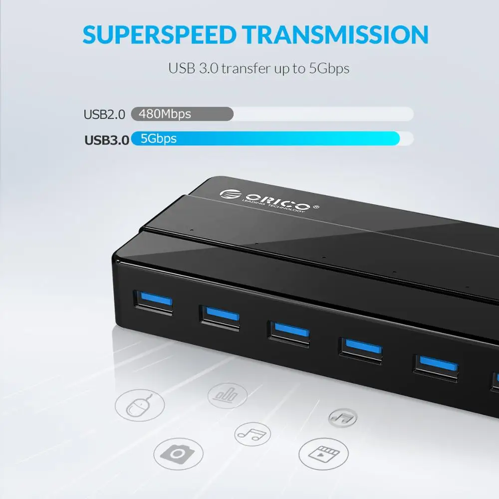 Imagem -03 - Orico Portas Usb 3.0 Hub de Alta Velocidade com 12v Adaptador de Energia Usb Divisor Otg Adaptador para Desktop Computador Portátil Acessórios Hub Usb tipo c Dock Station Acessórios para pc Extensor Usb
