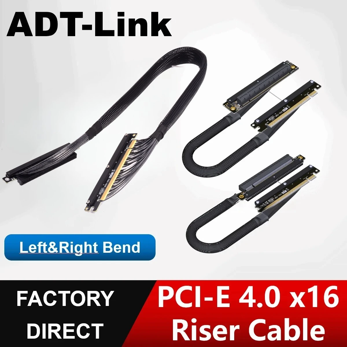 ADT-Link Dual Reverse Riser Cable Right&Left Bend GEN4 Cable PCI-E 4.0 x16 Soft GPU Server Extender For A4 ITX RTX 4090 RX7900xt
