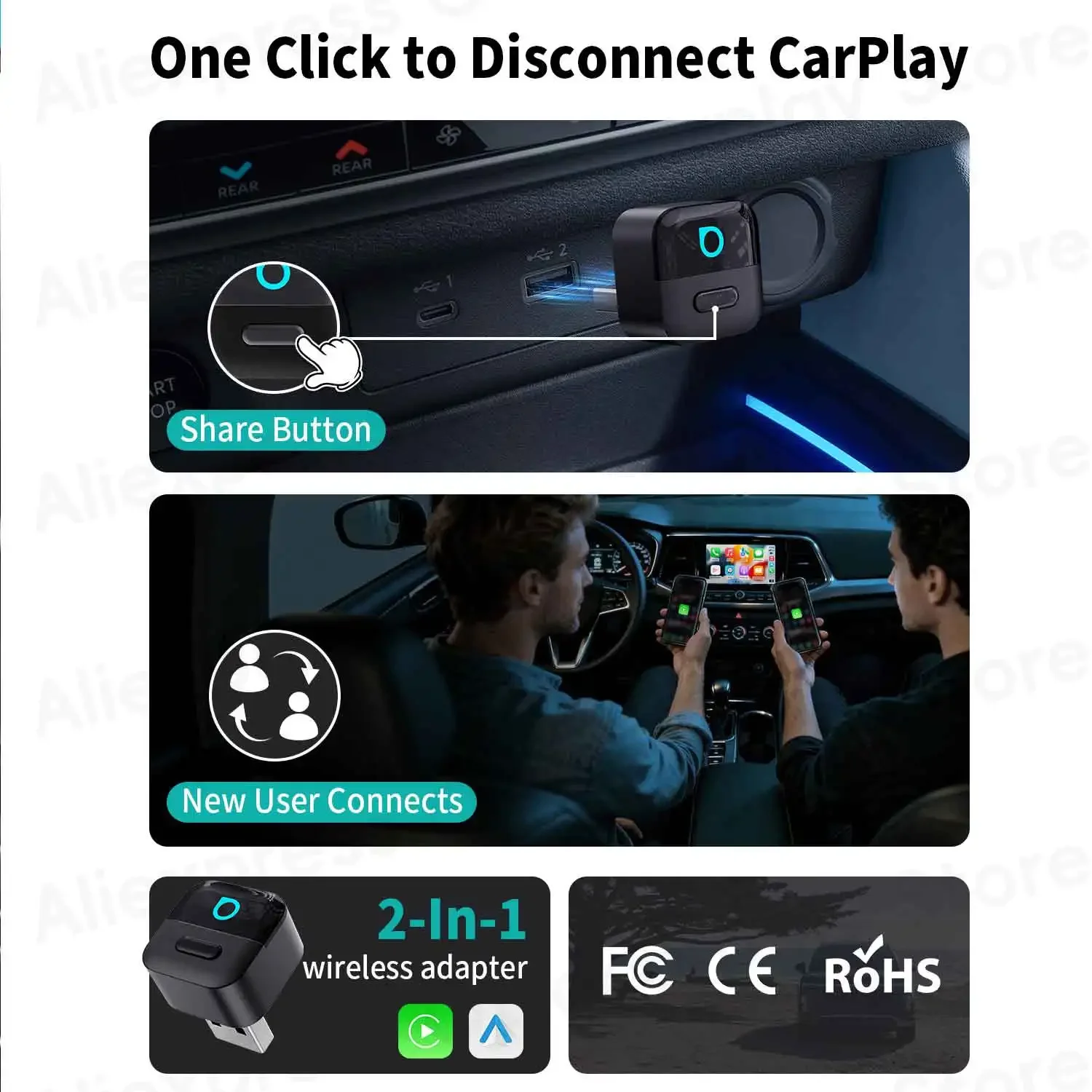 Ottocast 2 in 1 Mini Pico Adapter with Smart Button Wireless CarPlay Android Auto Dongle for iphone 14 15 16 17 Samsung Phone