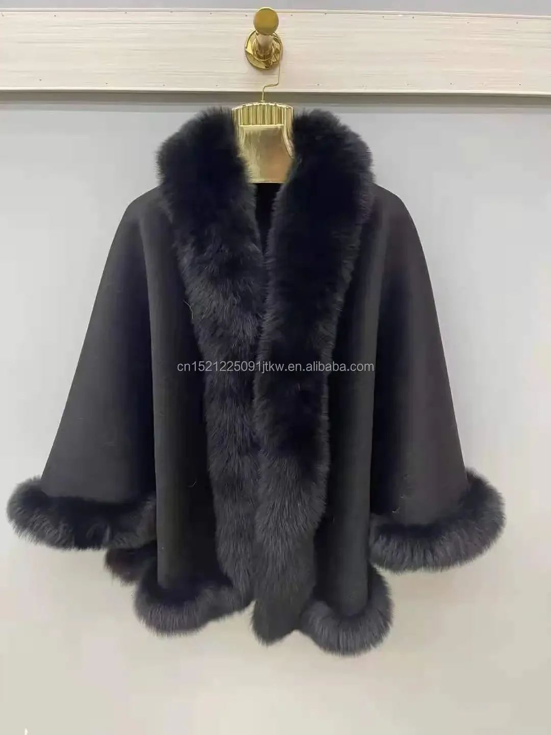 Winter  Women  Fashion Wool  Poncho   Cashmere  Fur  Shawl  Fox  Fur Trimming  Wool  Poncho