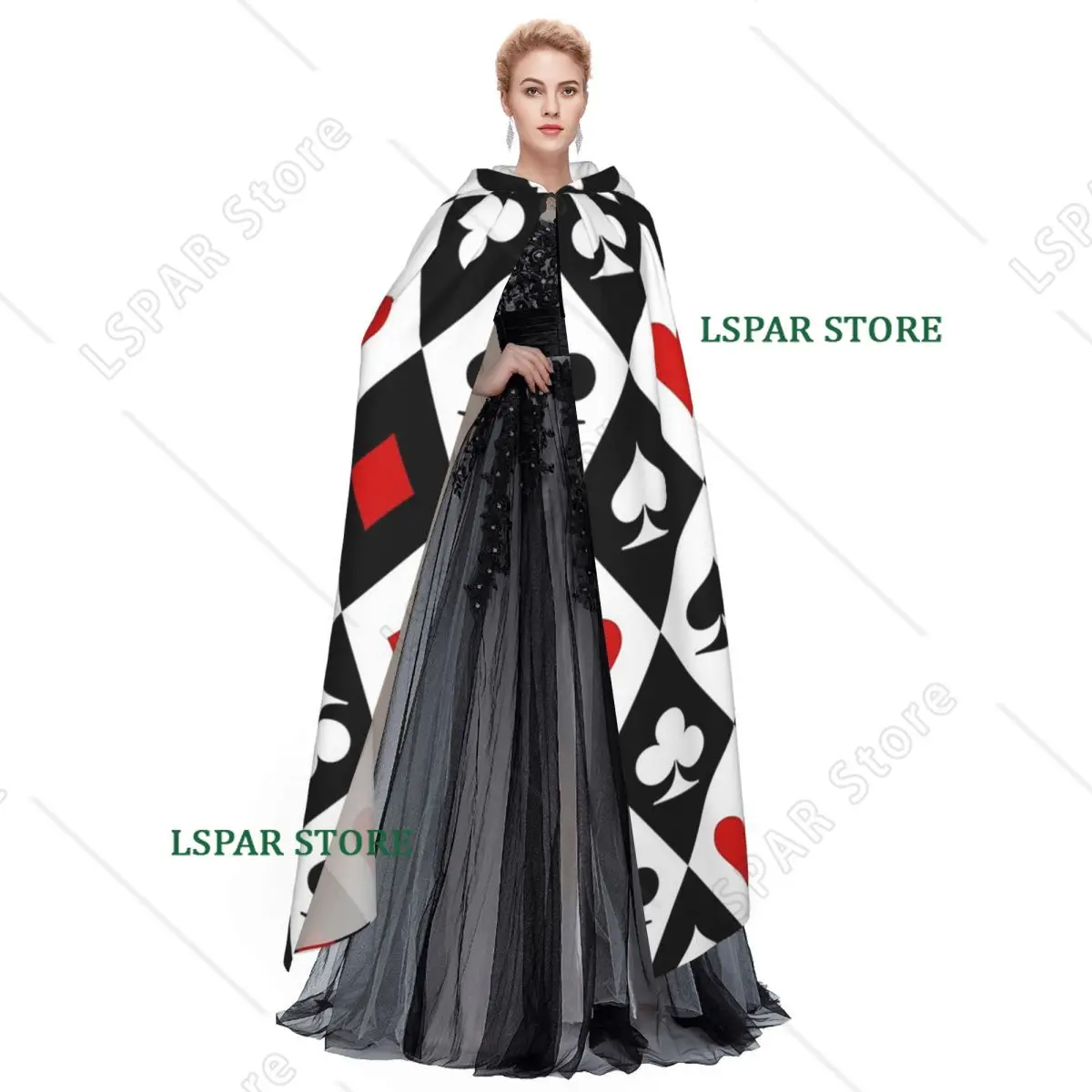 Playing Cards Suit Symbols Long Hooded Cloak Witch Medieval Costume Cosplay Cape HalloweenParty Adult Unisex