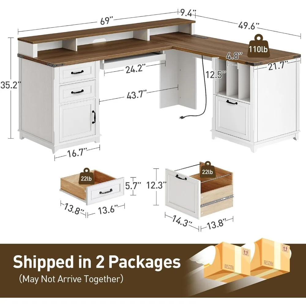 مكتب تنفيذي على شكل حرف L مقاس 69 بوصة مع درج، مكتب منزلي مع محطة شحن، مكتب كمبيوتر زاوية مع حامل شاشة، #2