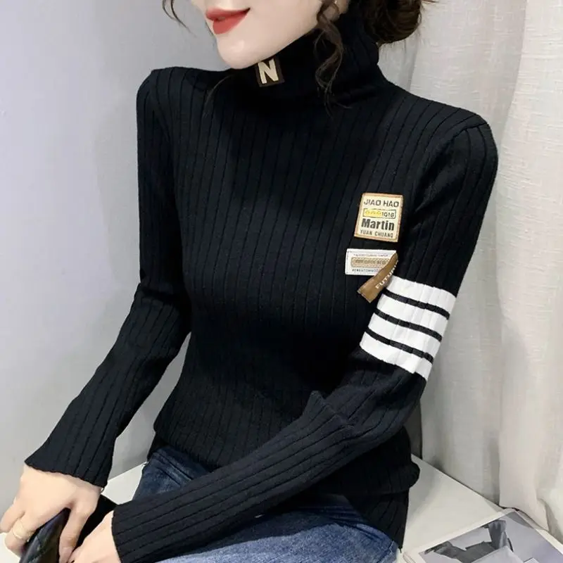 

Temperament Slim All-match Pullovers Top Autumn Winter New Long Sleeve Striped Knitting Bottoming Shirt Fashion Women Clothing