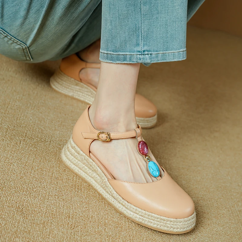 

Handmade Nature Genuine Leather T-straps Buckle Women Sandals Sheepskin Round Toe Platform Espadrilles Wedges Heels Casual Shoes
