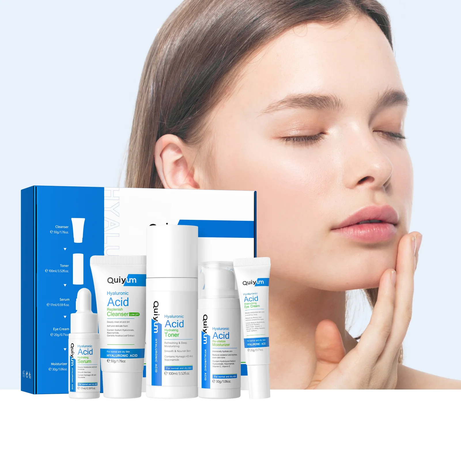 5pcs/Set Hyaluronic acid Skin Care Set Facial Cleanser Face Toner Essence Moisturizing Face Serum Hydration Eye Cream Skin Care