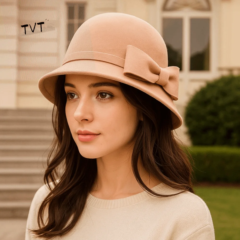 

Elegant Solid Color Bow Topper Hat French Style Flat-top Women Fisherman Hat Hepburn Keep Warm Woolen Bucket Hat Lady