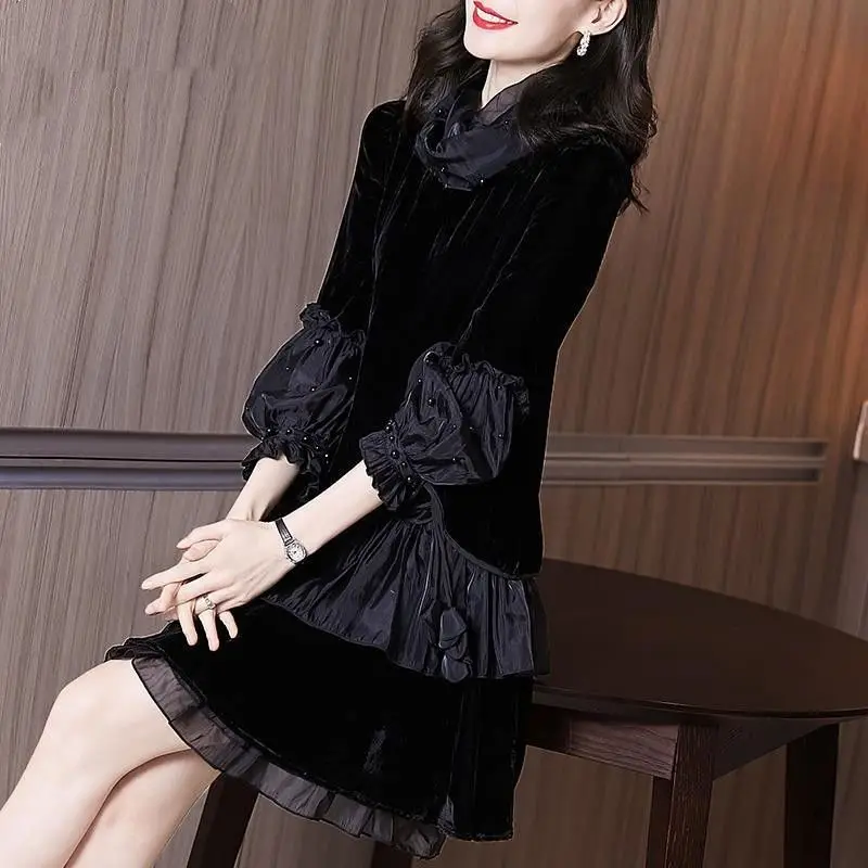 Elegant Spliced Beading Irregular Gauze Ruffles Mini Dress Women\'s Clothing 2024 Spring New Loose Office Lady Ladies Dresses