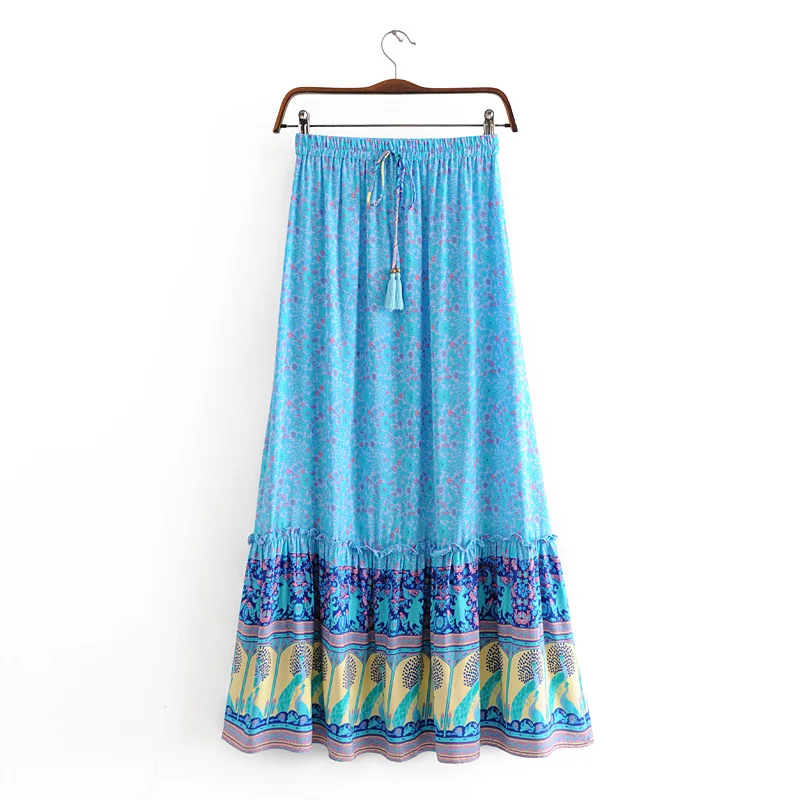 BOHO Women Bow Tassel Elastic Waist Wood Ears Ruffles Lace Swing Skirts Beach Holiday Orange Feather Floral Print Long Skirt