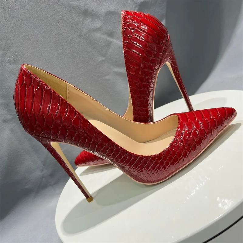Tikicup New 12cm 10cm Thin Heeled Sexy Women Red Crocodile Effect Pointy Toe Party Wedding Shoes Snakeskin Stiletto Pumps