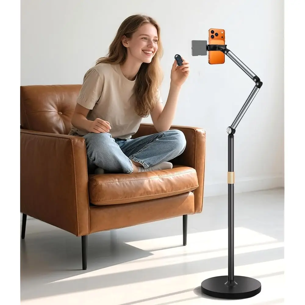

Phone Floor Stand, Cell Phone Stand with Flexible Arm for Bed, 69\ Height Adjustable iPhone Stand, Stable Overhead Tripod wit