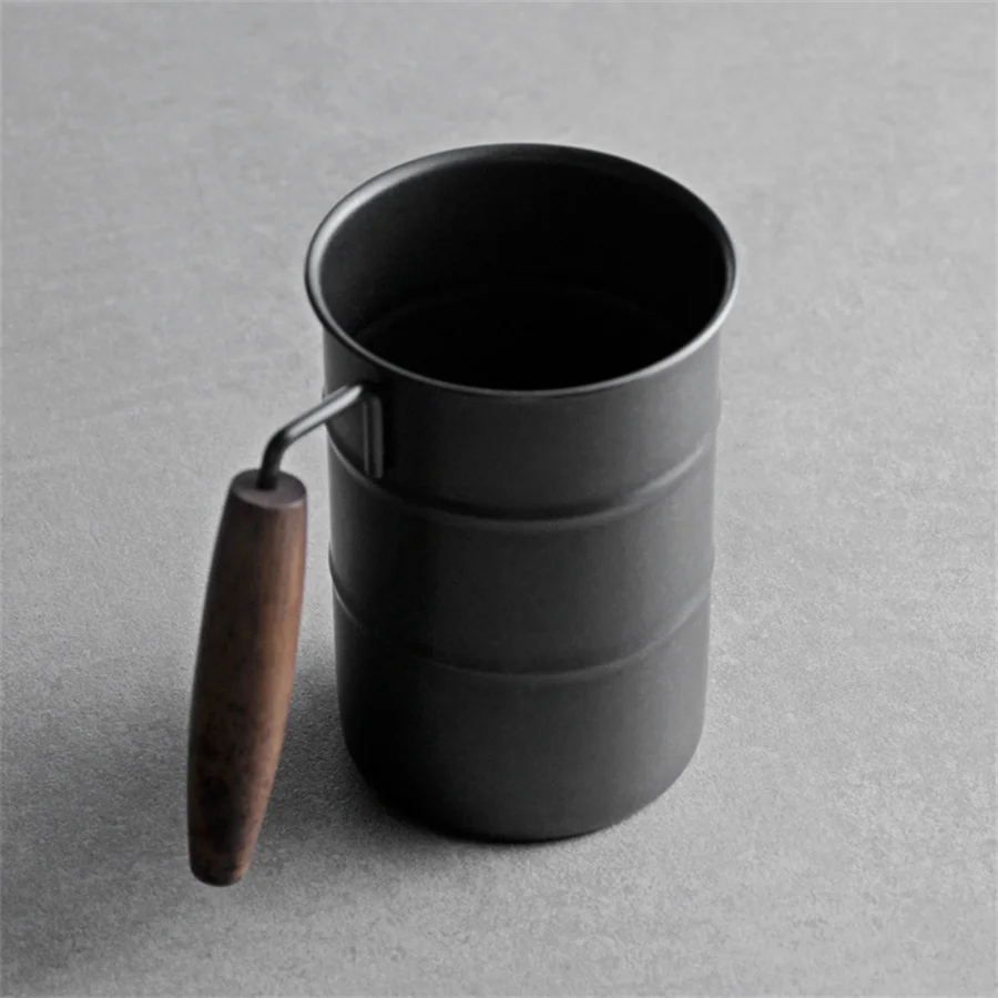 Black 304 Stainless Steel Mug With Handle Coffee Cup Wooden Handle Water Glass Beer Cup Retro Outdoor Camping Cup