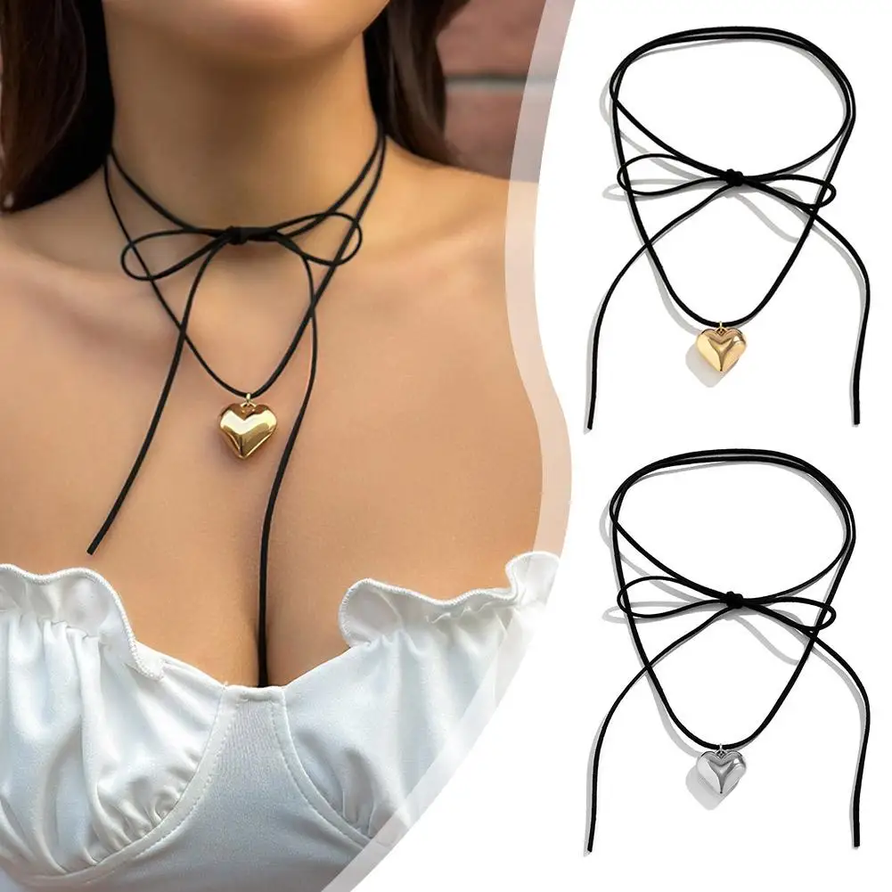

New Goth Black Velvet Big Heart Pendant Choker Necklace for Women Elegant Weave Knotted Bowknot Adjustable Chain Jewelry R0H5