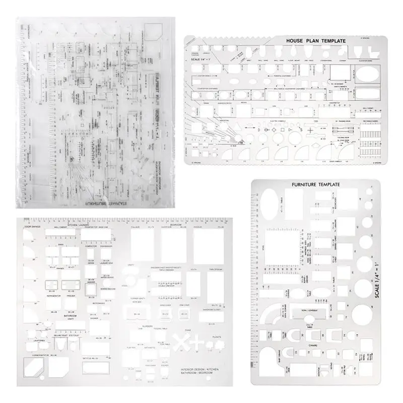 AEE4-Drafting Tools And Ruler Shapes For Architecture - Set Of 3 For House Plan Furniture Kitchen, Building, Interior Design