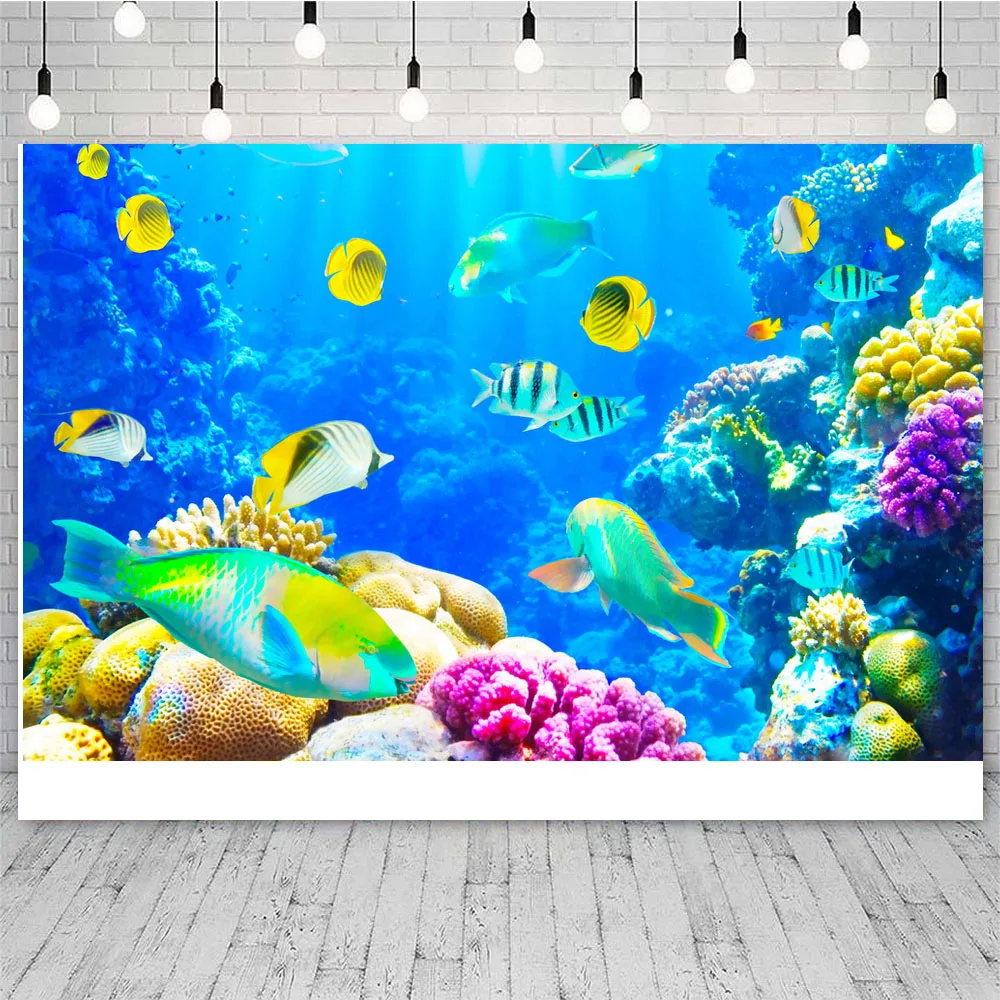 Pano de fundo de tubarão para chá de bebê, azul, mundo subaquático, fundo do mar, peixe, coral, decoração de festa de aniversário infantil, fundo de foto, adereços de fotografia