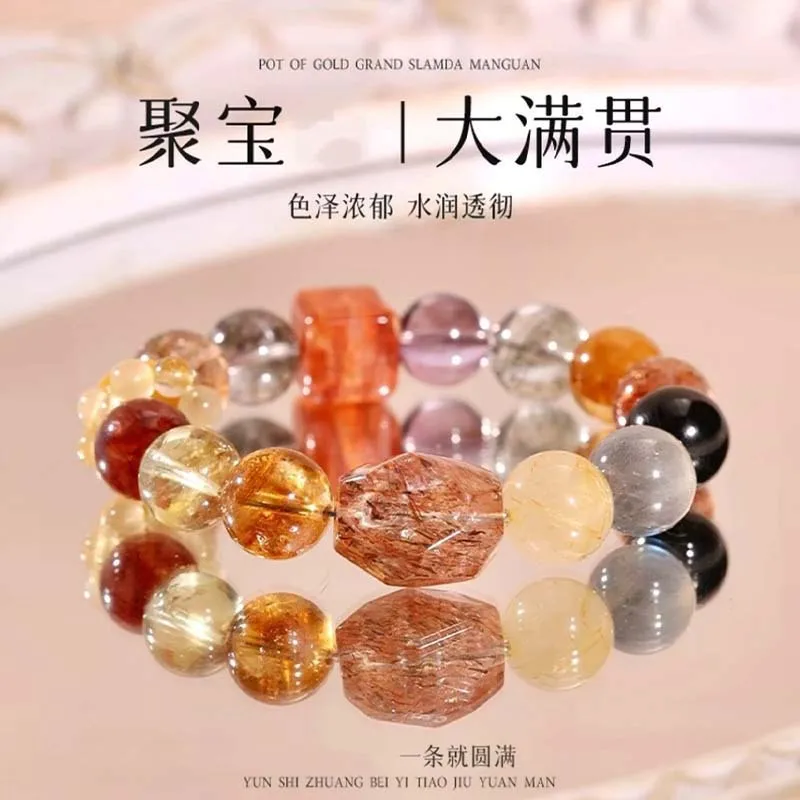 Natural Golden Rutilated Black Gold Super Seven Freeform Bracelet For Women Wealth Attracting Amethyst Multi Gem Beaded Bracelet