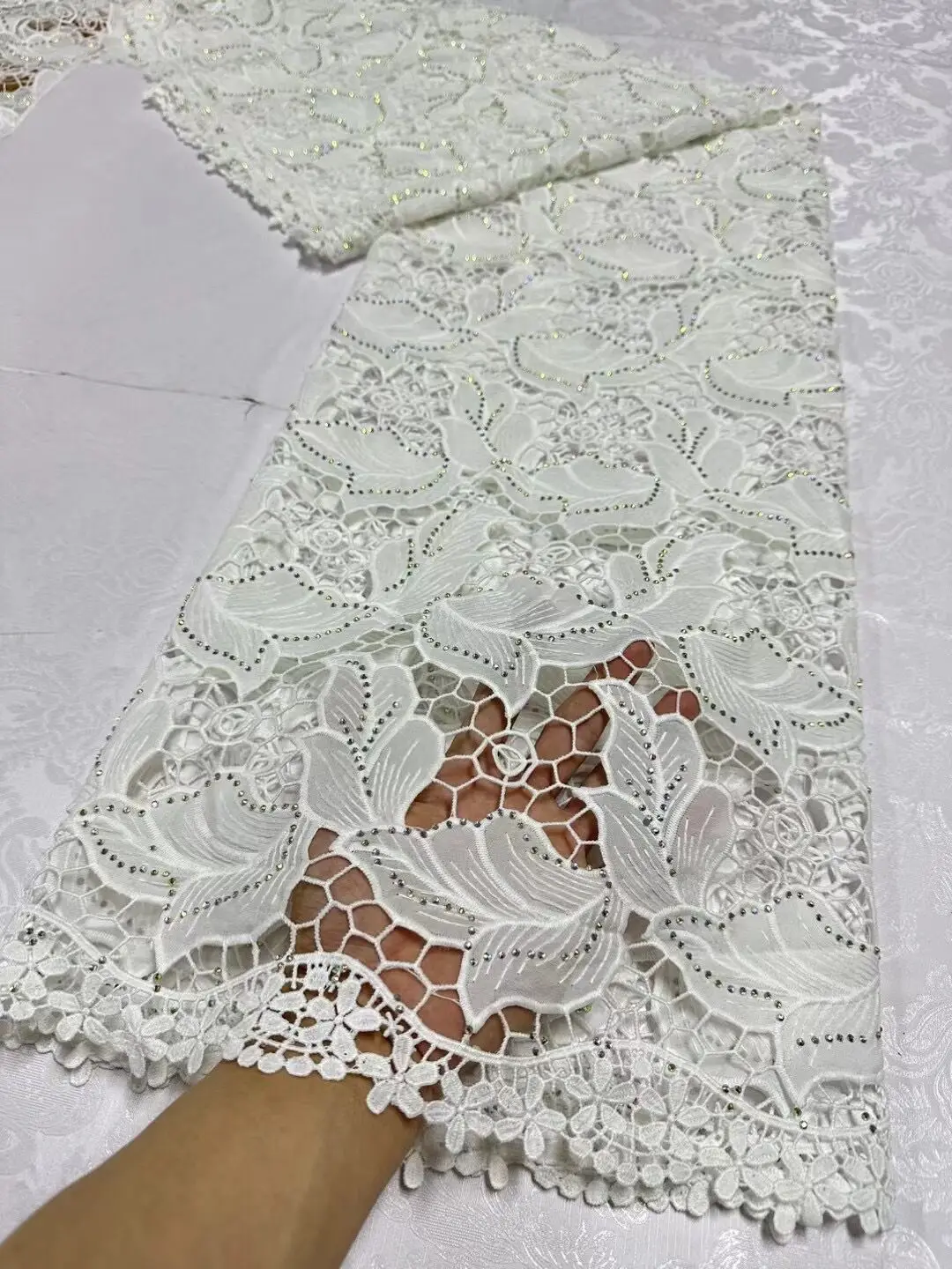 

African Nigerian Lace Fabric, High Quality Embroidery Tulle, Pure Wedding Party, Damask Guipure Dress, White Cotton,5Yard JL352