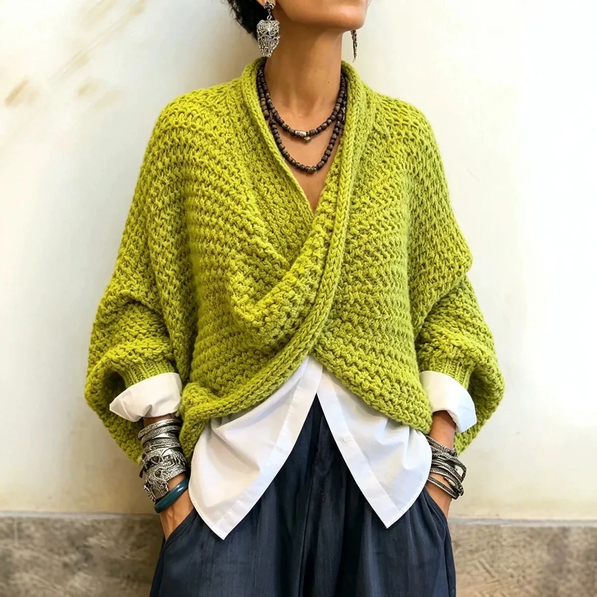 Women's Autumn Thick Textured Front Knitted Jumper Knitted Cross Sweater V-neck Loose Batball Sleeve Bohemian Daily Knitted Top