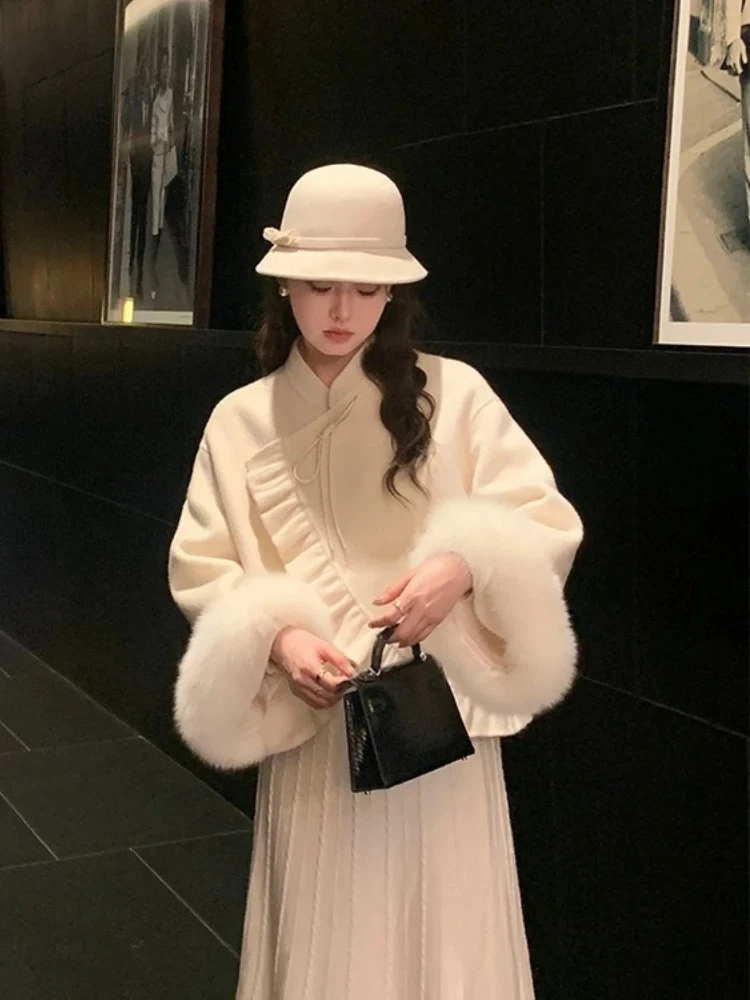 Frauen Kurze Echt Fox Pelz Woolen Blends Jacke Neue Herbst Winter Top Kleidung Dicke Warme Pelz Kaschmir Wolle Mantel Weibliche