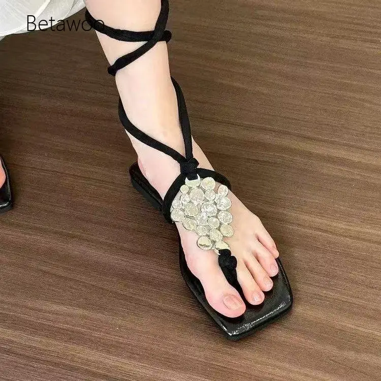 Minimalist Boho-Inspired Strappy Wrap-Around Sandals, Square-Toe Rhinestone-Cluster Decor Flat Summer Beach-Oriented Footwear