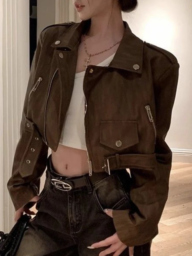 Punk Brown Cropped Leather Jacket Women Retro Irregular Zipper Moto Biker Leather Jacket Korean Casual High Street Faux Fur Coat