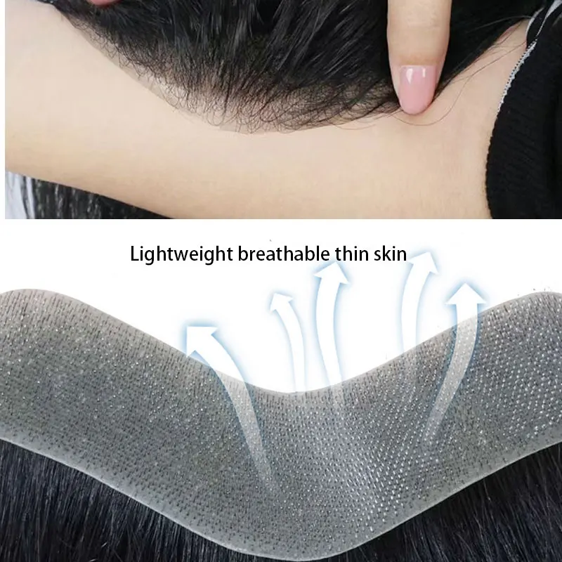 Herren-Toupet mit dünner PU-V-Loop-Haarsystemeinsatz, 6 Zoll, Remy-Echthaar-Haarteil für Männer, 1B V-Frontal-Toupet – Detail 11