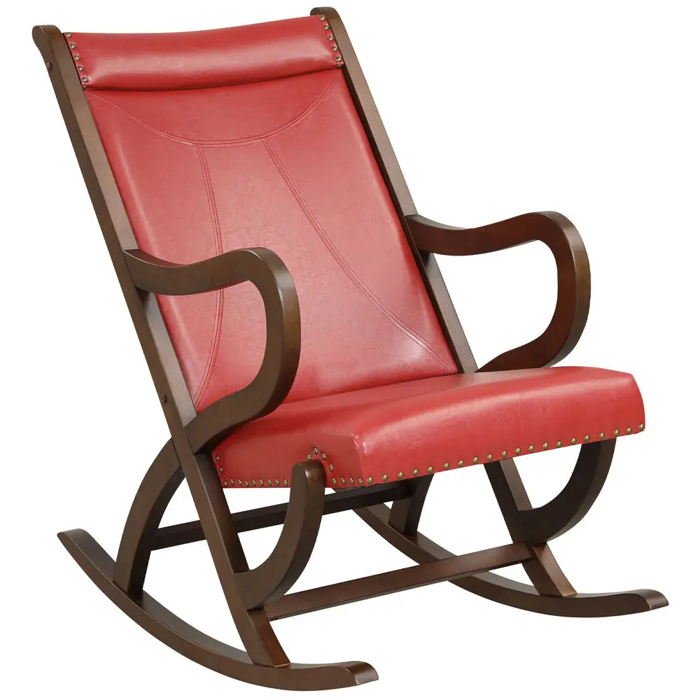 Costway Rocking Chair with PU Cushion Modern Rocker with Rubber Wood Frame Red