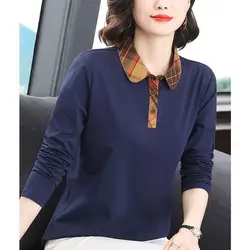 Spring and Autumn Women's Pullover POLO Collar Solid Color Printed Panel Button Loose Fit Bottom Shirt Fashion Casual Tops