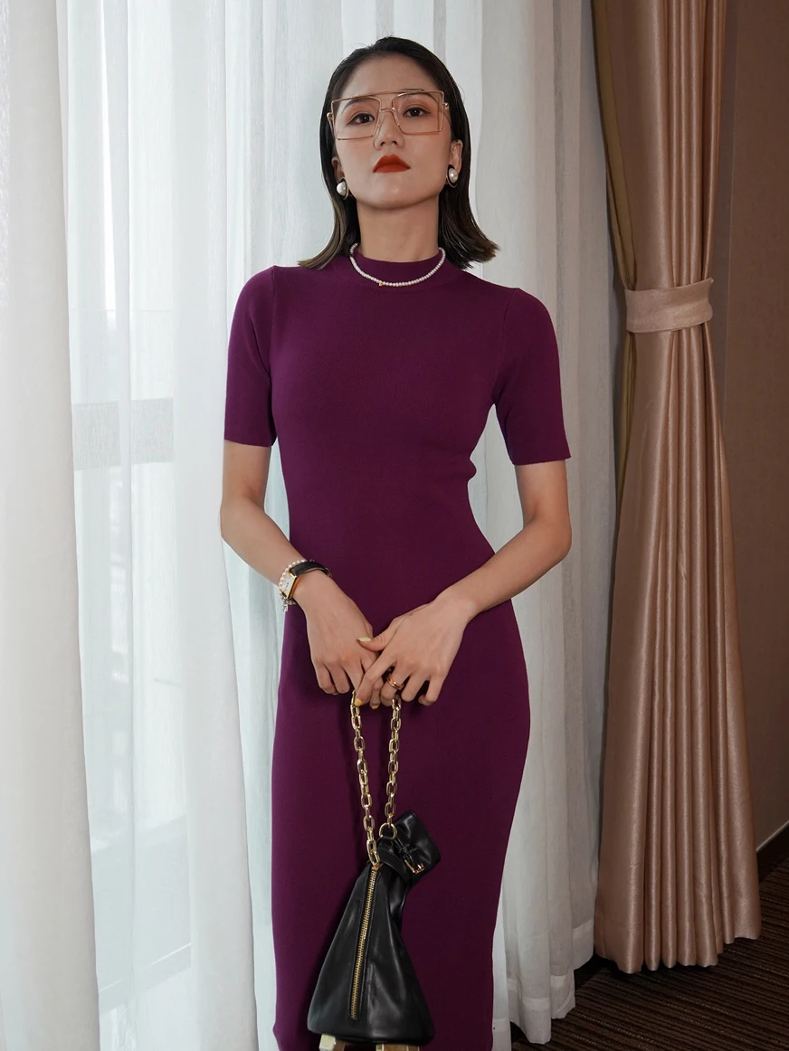 High Quality New Soft Knit Dresses Korean Half Turtleneck Short Sleeve Vestidos Femme Vintage Slim Basics Dresses C-150