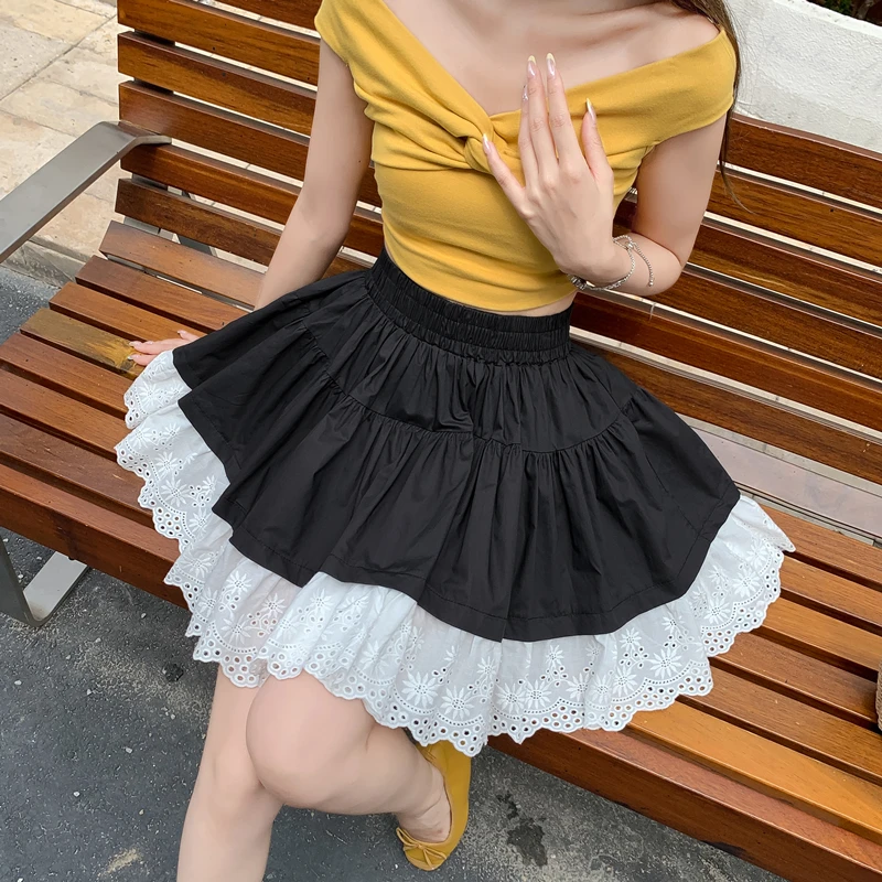 バレエスタイル-カラーブロック-レース-ショートスカート-ハイウエスト-aライン-耐光性-コットンブレンド-レディーススカート-多用途ケーキスカート