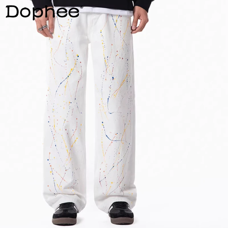 

Men's 2026 Spring Summer Chic Straight Denim Pants Fashion High Street Trend Ink Splashing Jeans Handsome Stylish Denim Trousers