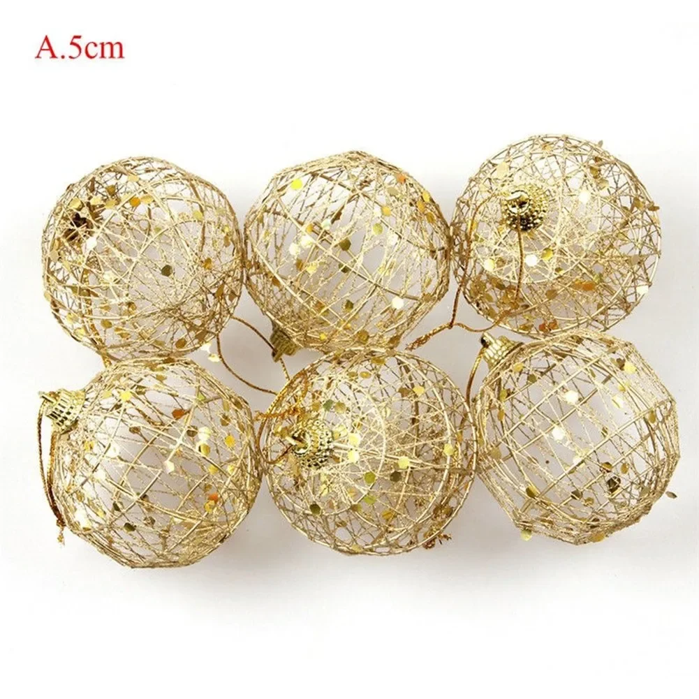 6 PCS Christmas Tree Gold Ball Decorations Glittering Baubles Hanging Pendant For Home Xmas Party Ornament Wire 5 Or 6cm