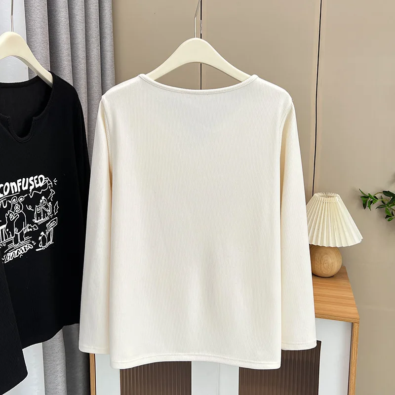 Autumn 2023 100kg Thickness Brushed Printed Small U-collar Long Sleeve Top Plus Size Women's Casual Bottoming T-shirt