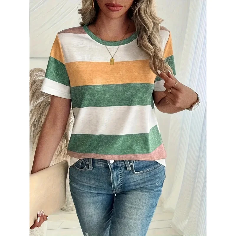 

3D Printed Flower Stripe T Shirt For Women Colorful Geometry Graphic Short Sleeves Summer Street O-Neck Tees Tops Loose T-Shirts