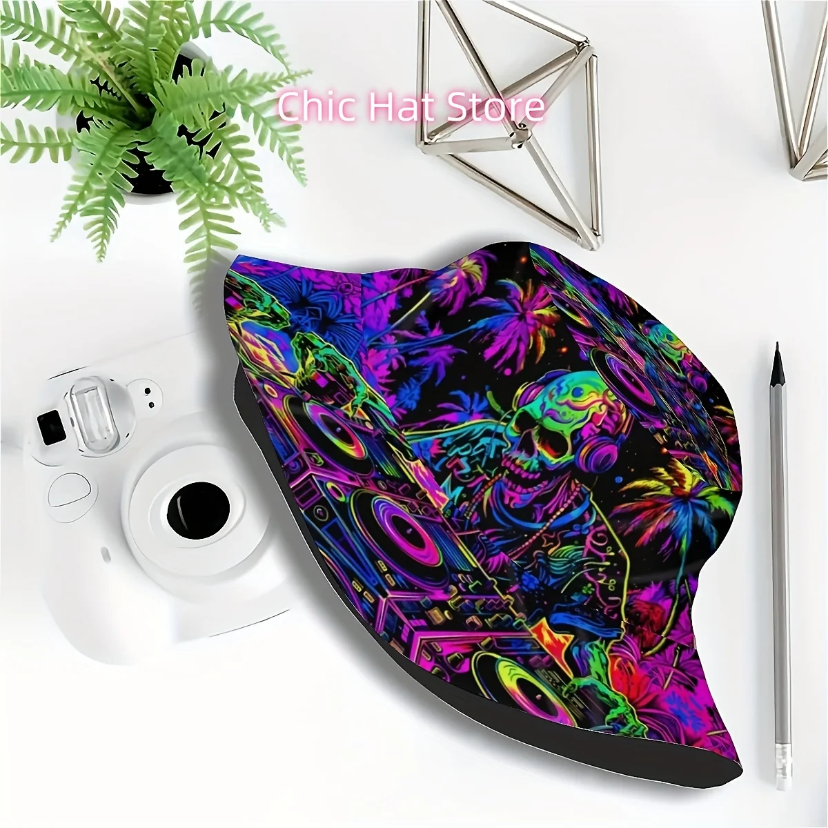 ()1pcs Featuring a Neon Skull DJ Pattern Unisex Printed Fisherman Hat, Stylish Hat with Fun Personality, Outdoor Vacation Golf B