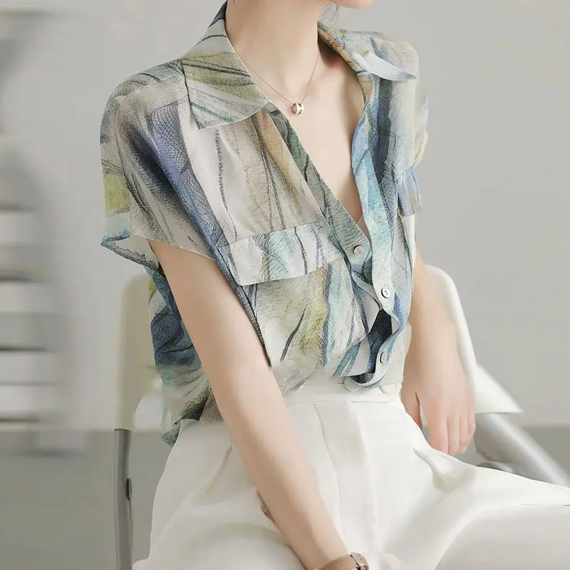 Polo Neck Chiffon Print Thin Elegant Shirt Tops Summer Short Sleeve All-match Fashion Blouse Vintage Temperament Women Clothing