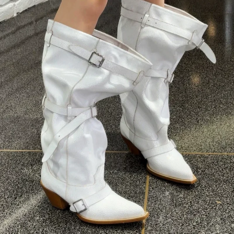 Belts Buckle Shoes for Womens Pointed Toes Pleated Chunky High Heels Sewing Lines Female Mid Calf Boots Solid Zapatos De Mujer