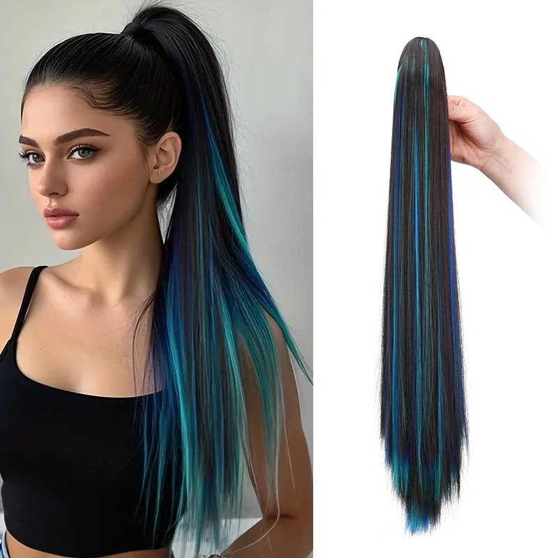 

24Inch Long Straight Synthetic Hair Clip In Hair Extension Highlights Colors Claw Ponytail Hairpiece Accessories for Women