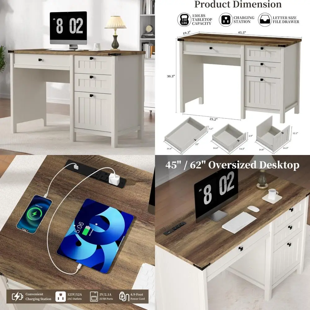 

Executive Desk, Farmhouse Computer Desk with Drawers & Cabinet, Home Office Desk for Work Study Writing Workspace (White, 45")