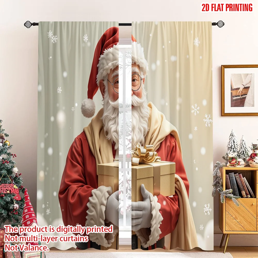 

2pcs 2D flat printing Merry Christmas Popular Curtain Santa Claus Gift Snowflakes 100% Polyester Fabric Without Electricity
