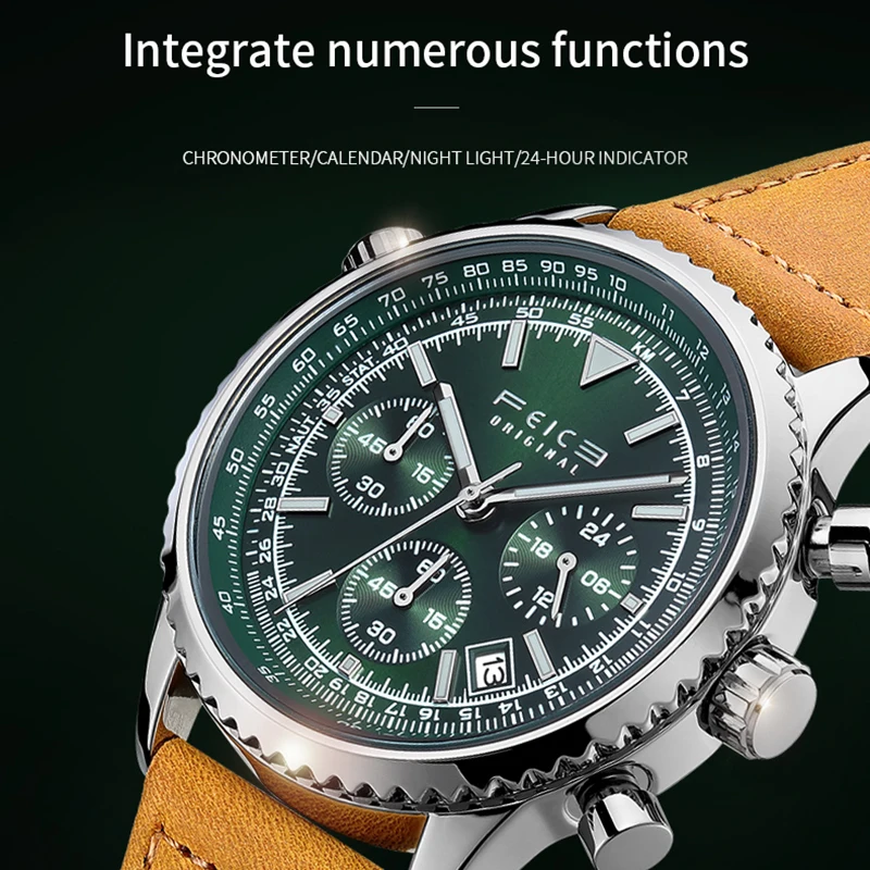FEICE Men\'s Quartz Watch Leather Fashion Luxury Quartz Wrist Watches Waterproof Sport Watches for Men Chronograph Luminous Watch