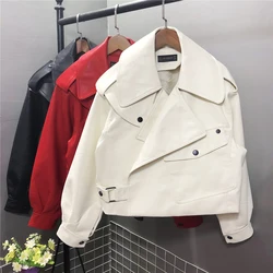 PU Motorcycle Jackets Loose Streetwear Outerwear New Spring Women Faux Leather Jacket Biker Red White Coat Turndown Collar