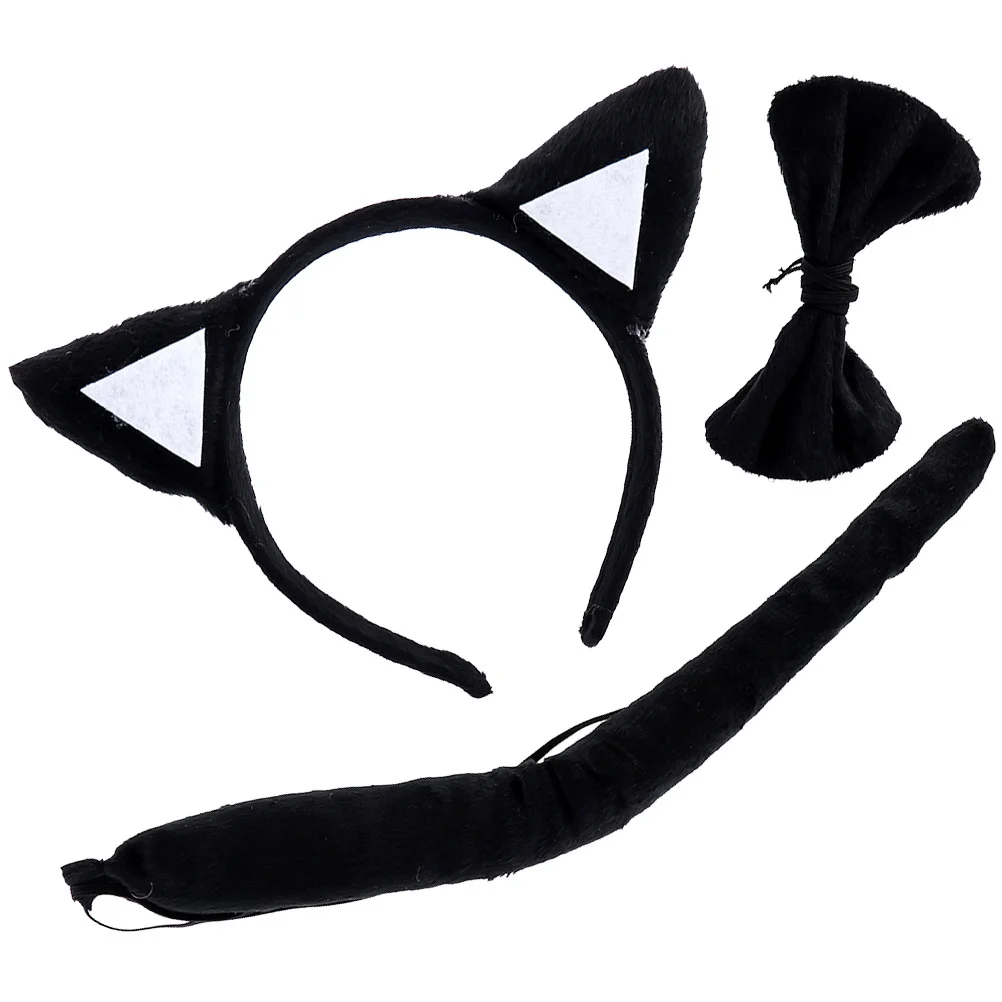 Bandeau oreilles de chat de dessin animé, 3 pièces, nœud papillon, queue, ensemble de fête, parfait pour Halloween, jeux de noël, fournitures cadeaux