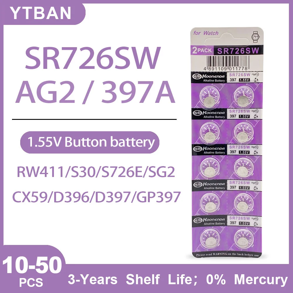 

10-50PCS AG2 LR726 1.55V Watch Button Battery SR726SW 397 L726 G2 SR726 397A CX59 Alkaline Cion Cell for Electronic Remote Toy