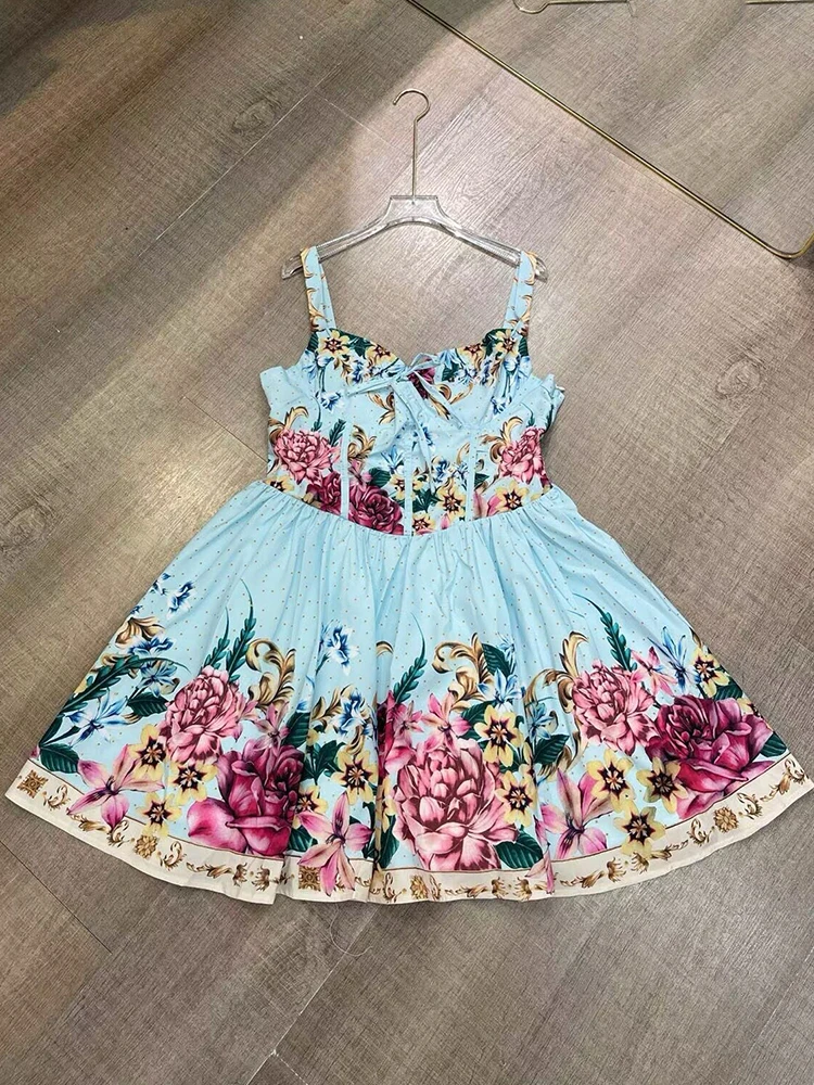 Retro printed drawstring strapless camisole dress for 2026 summer women's fashion, pleated waist cinched A-line short skirt view 6