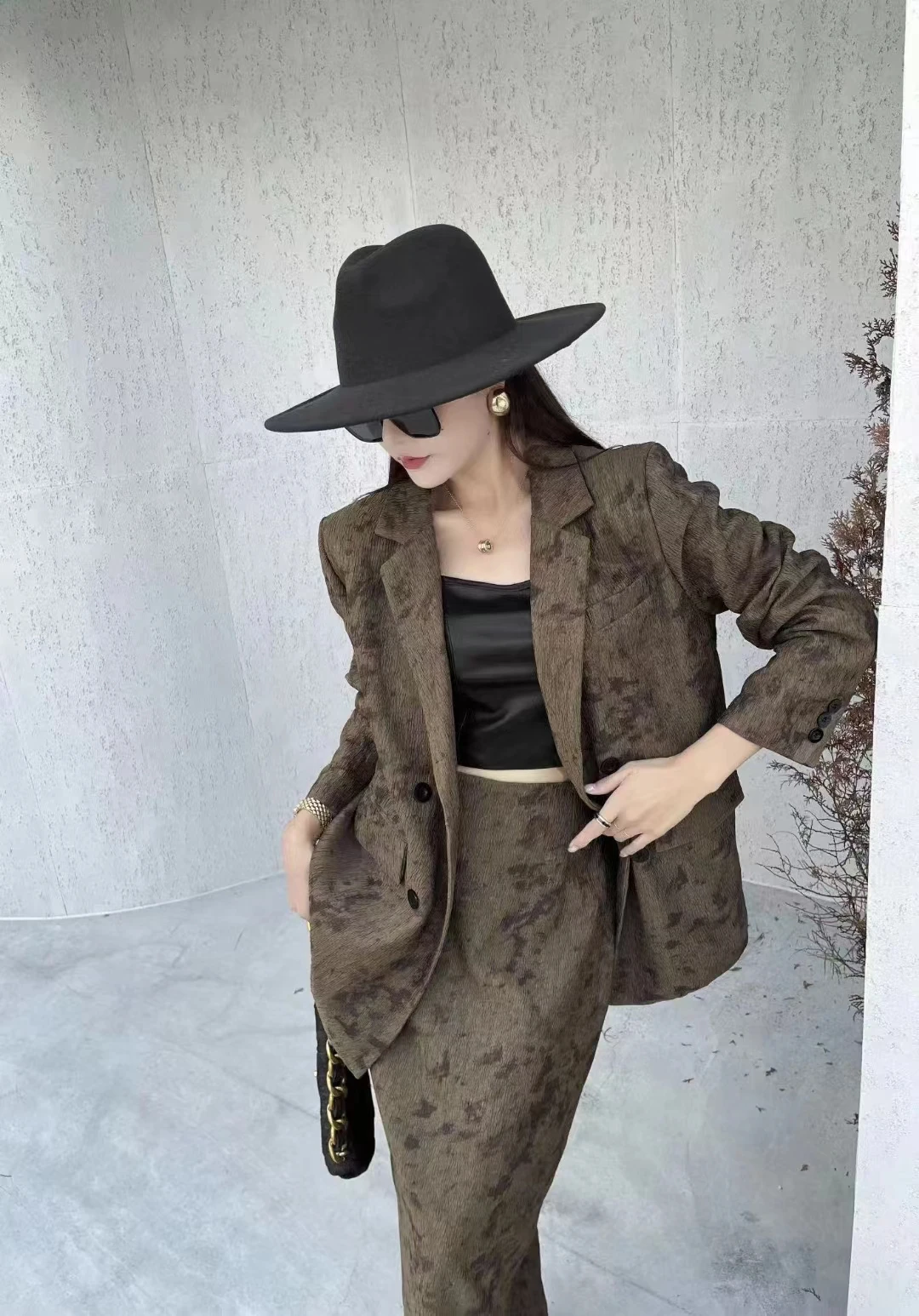 Korean Style Early Autumn New Women's Tie-Dye Suit Jacket High-sense Blazer Top High Waist Ink Painting Skirt Lady Two-piece Set