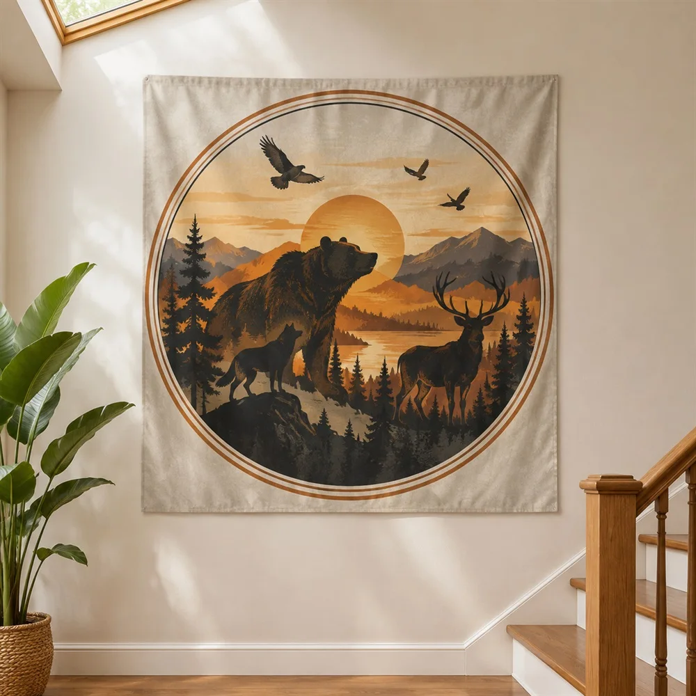 VIKAMA Wildlife Silhouette Tapestry Wall Hanging, Forest Bear Deer Wall Art, Cabin Decor for Living Room Bedroom Office Entryway